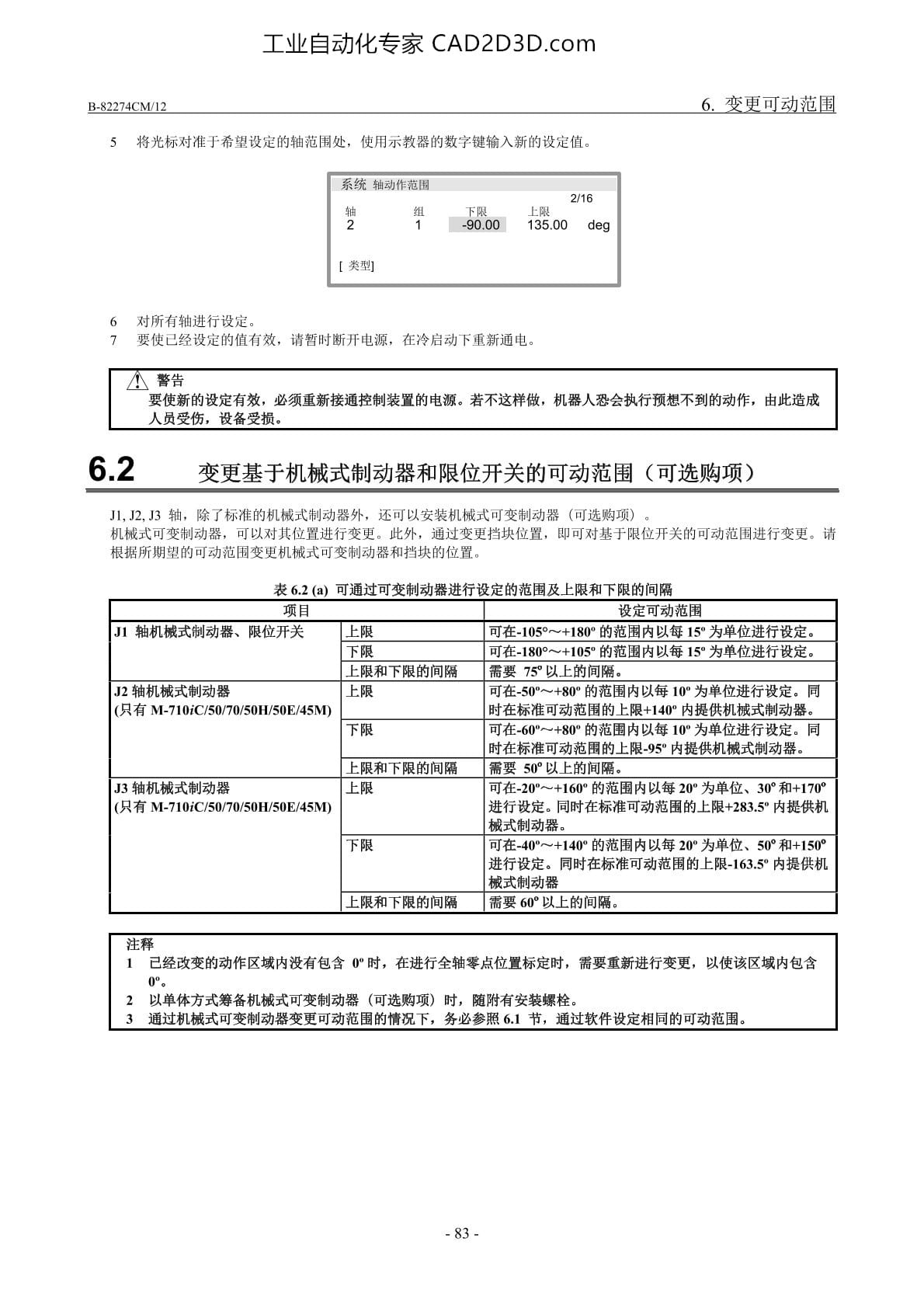 变更基于软件的可动范围、变更基于机械式制动器和限位开关的可动范围