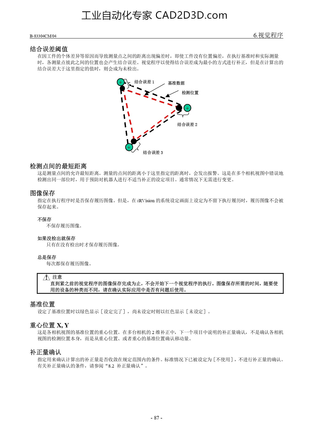 结合误差阈值、检测点间的最短距离、图像保存、基准位置、重心位置 X, Y、补正量确认