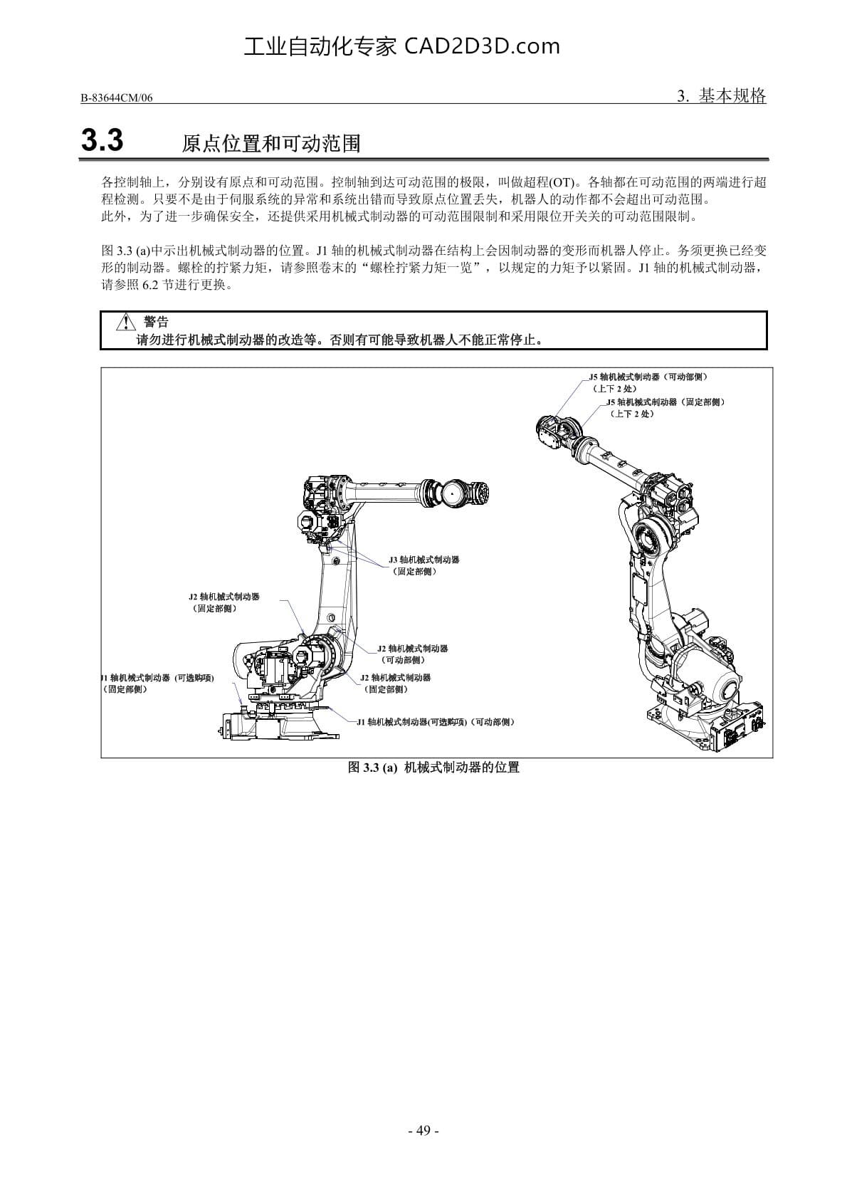 原定位置和可动范围 机械式制动器的位置