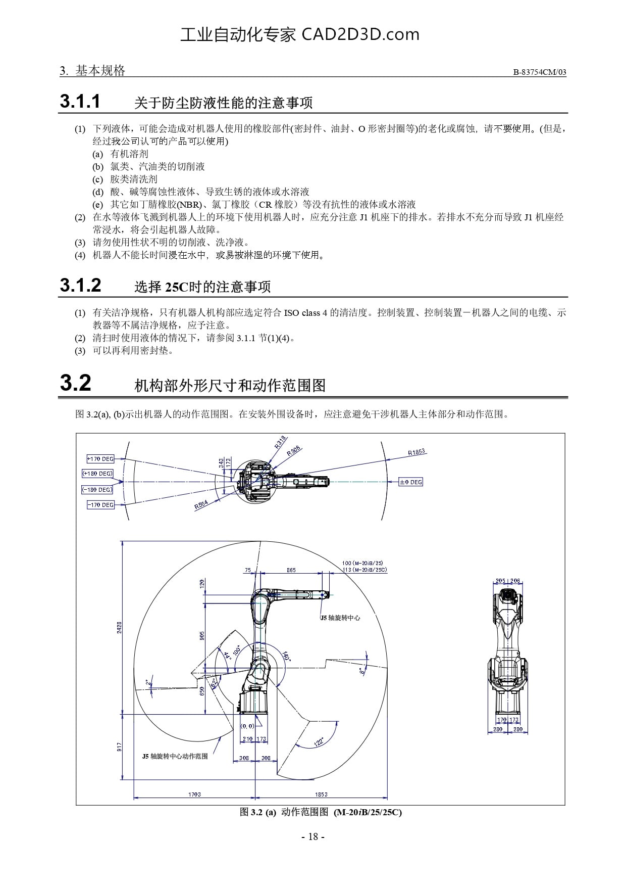 机构部外形尺寸和动作范围图