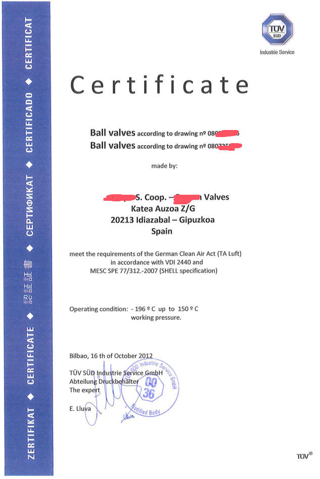 德国低逸散泄漏控制法规 TA-LUFT（VDI 2440），低逸散泄漏标准整理汇总，TA-LUFT证书示例