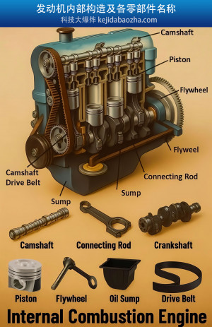内燃机发动机内部构造，各零部件名称中英文对炸