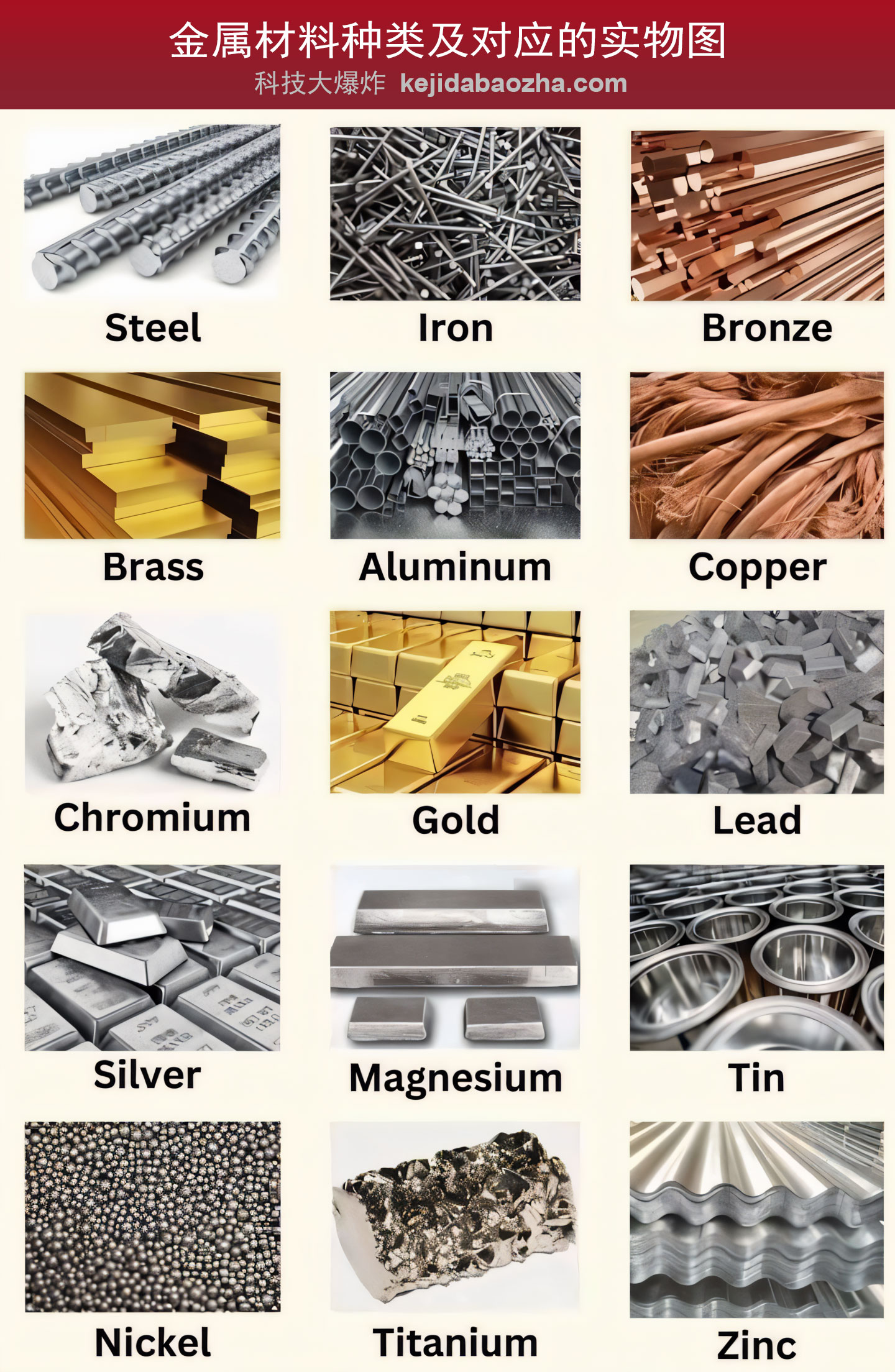 金属材料种类及对应的实物图,各种金属名称中英文对照