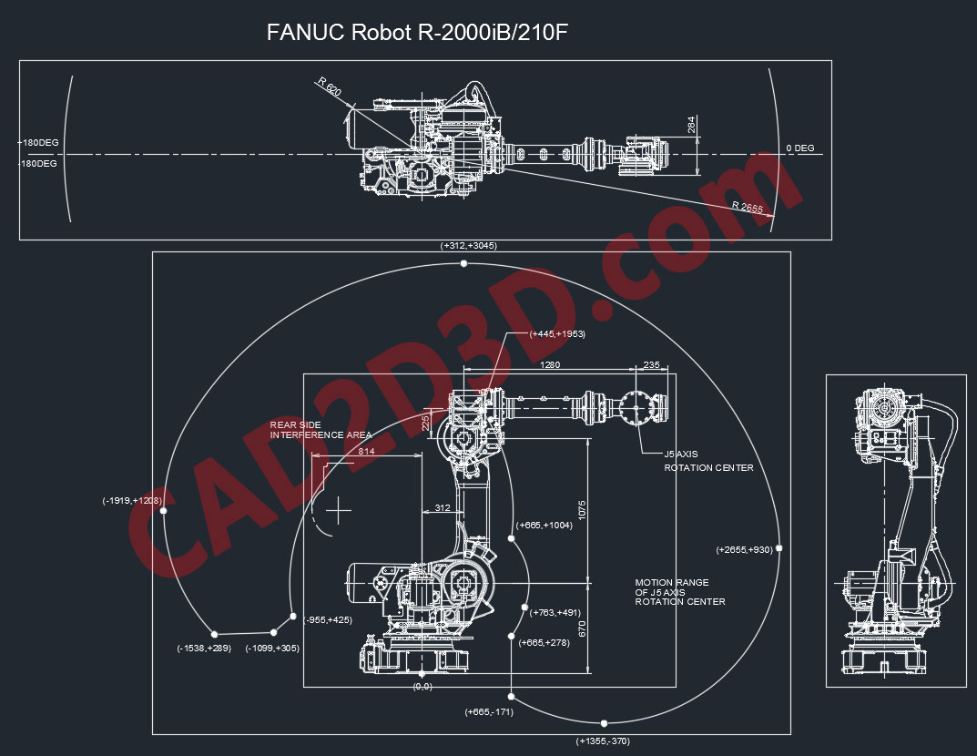 日本发那科机器人 FANUC R2000iB 210F 2D图纸和3D模型免费下载，含 dxf 和 stp 通用格式