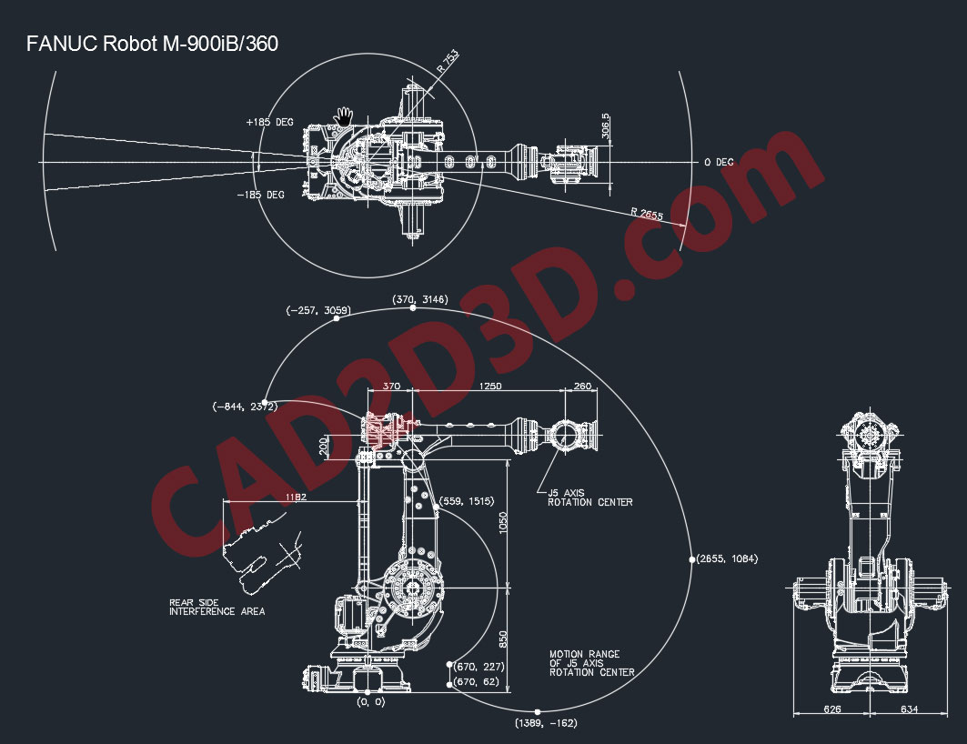 日本发那科机器人 FANUC ROBOT M900iB 360 2D 图纸和 3D 模型免费下载，含 dxf 和 x_t 通用格式