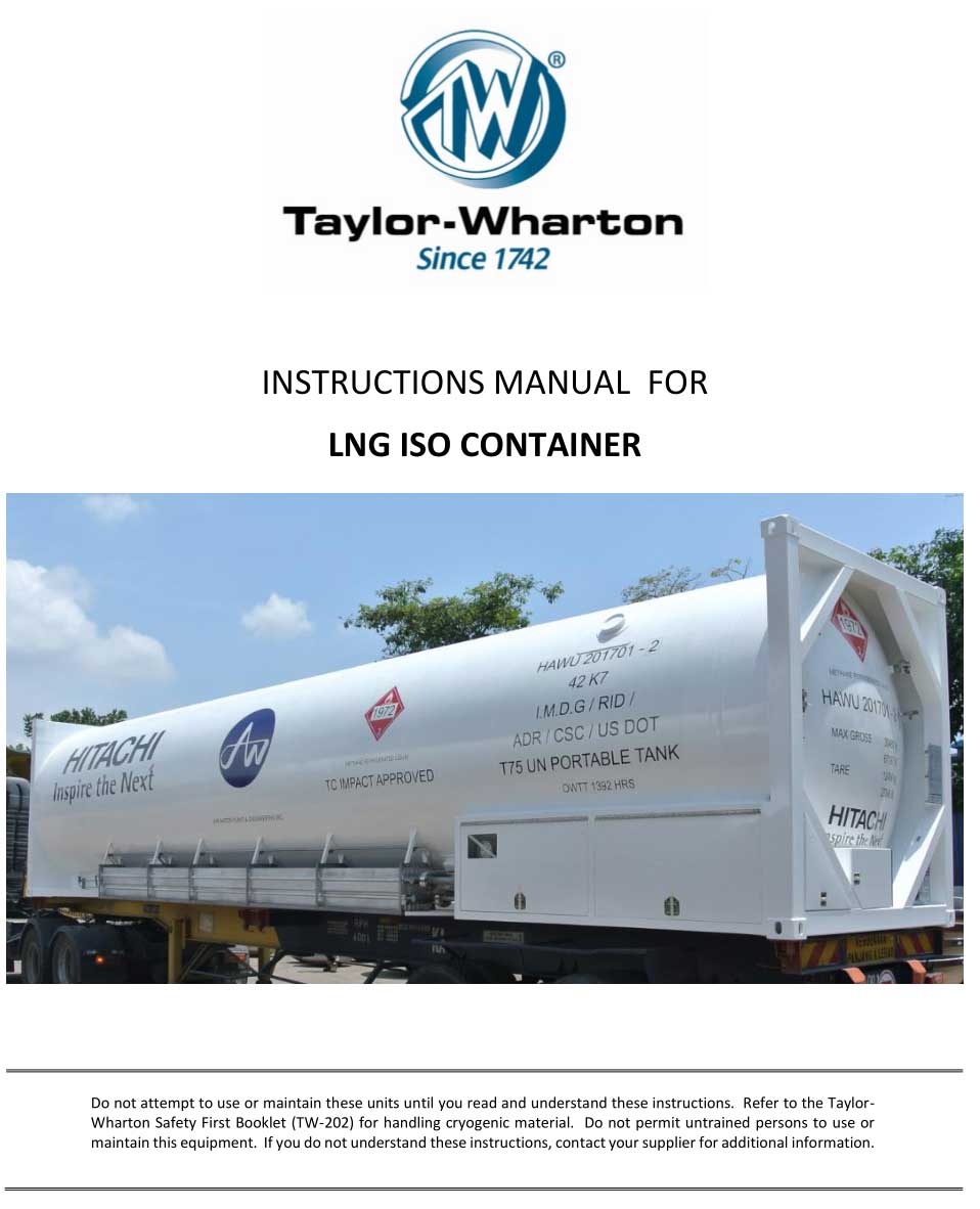 Taylor-Wharton 泰莱华顿 LNG 罐箱使用说明书(含技术参数、LNG 装卸方法步骤、外形图和和 P&ID)